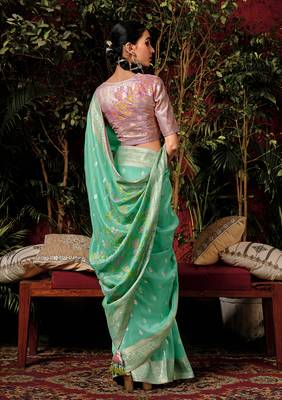 Sea green colour viscose dola silk zari woven saree with blouse 2