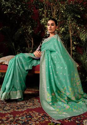 Sea green colour viscose dola silk zari woven saree with blouse 3