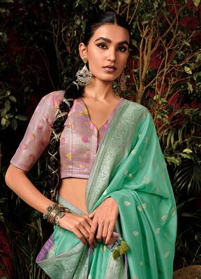 Sea green colour viscose dola silk zari woven saree with blouse 4