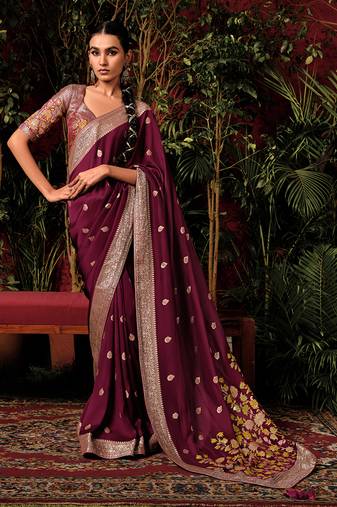 Dark wine colour viscose dola silk zari woven saree with blouse