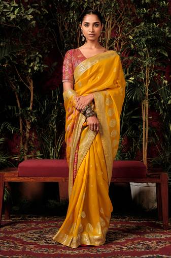 Mustard colour viscose dola silk zari woven saree with blouse