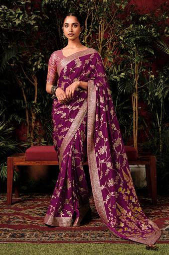 Dark purple colour viscose dola silk zari woven saree with blouse