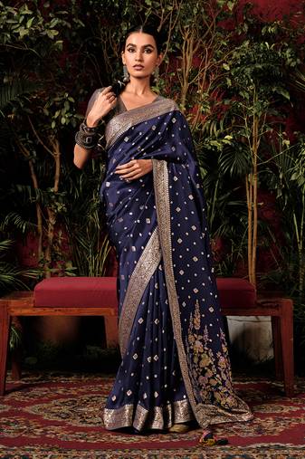 Dark navy blue colour viscose dola silk zari woven saree with blouse