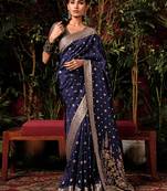 Dark navy blue colour viscose dola silk zari woven saree with blouse