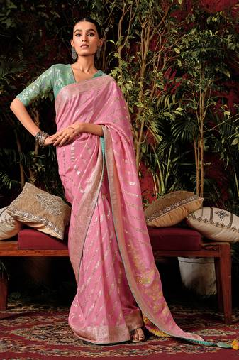 Baby pink colour viscose dola silk zari woven saree with blouse