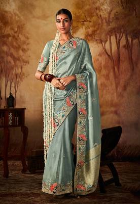 Grey blue colour Faux kanjivaram banarasi silk woven saree with blouse 1