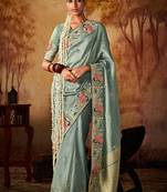 Grey blue colour Faux kanjivaram banarasi silk woven saree with blouse