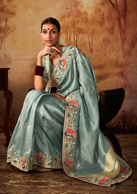 Grey blue colour Faux kanjivaram banarasi silk woven saree with blouse 2