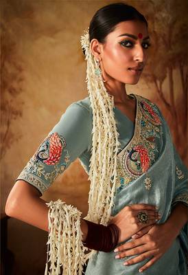 Grey blue colour Faux kanjivaram banarasi silk woven saree with blouse 3