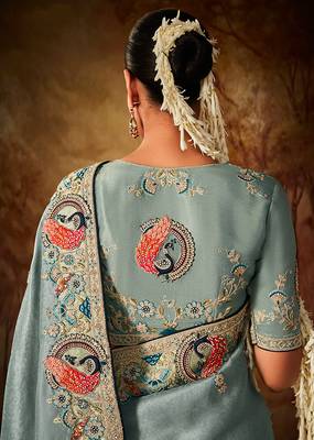 Grey blue colour Faux kanjivaram banarasi silk woven saree with blouse 4