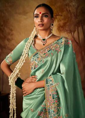 Sea green colour Faux kanjivaram banarasi silk woven saree with blouse 2