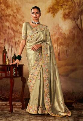 Dark beige colour Faux kanjivaram banarasi silk woven saree with blouse 1