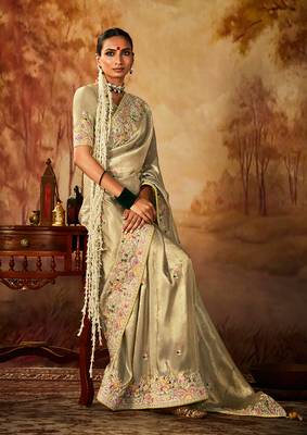Dark beige colour Faux kanjivaram banarasi silk woven saree with blouse 2