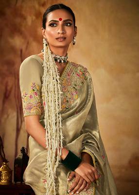 Dark beige colour Faux kanjivaram banarasi silk woven saree with blouse 3