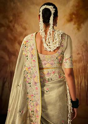 Dark beige colour Faux kanjivaram banarasi silk woven saree with blouse 4