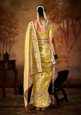 Yellow colour Faux kanjivaram banarasi silk woven saree with blouse 2