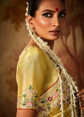 Yellow colour Faux kanjivaram banarasi silk woven saree with blouse 3