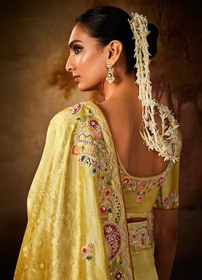 Yellow colour Faux kanjivaram banarasi silk woven saree with blouse 4