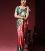 Lookslady Womens New Faux Banarasi Silk Pink Color Zari Weaving Saree With Unstitched Contrast Blouse
