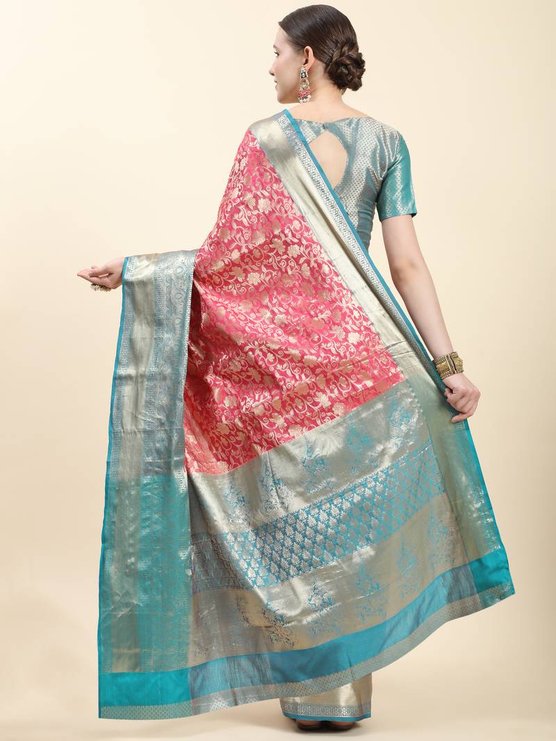 Lookslady Womens New Faux Banarasi Silk Pink Color Zari Weaving Saree With Unstitched Contrast Blouse