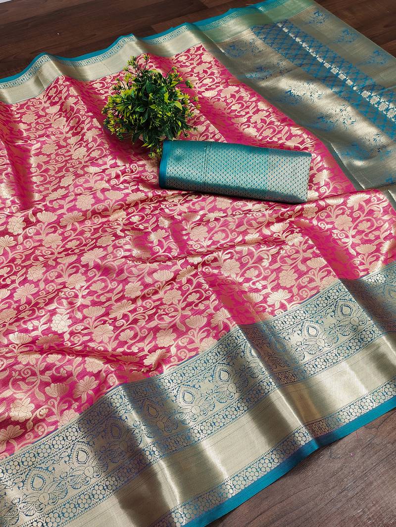 Lookslady Womens New Faux Banarasi Silk Pink Color Zari Weaving Saree With Unstitched Contrast Blouse