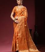 Lookslady Womens New Organza Silk Orange Color Gold Zari Weaving Saree With Unstitched Matching Blouse
