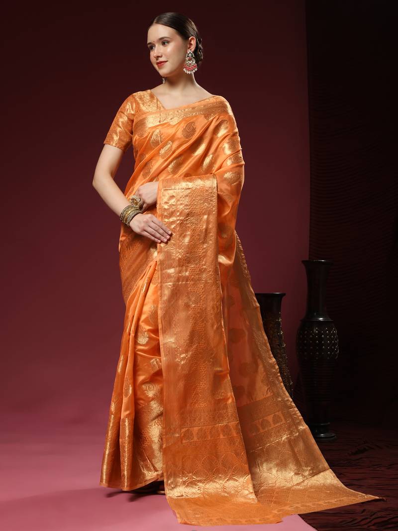 Lookslady Womens New Organza Silk Orange Color Gold Zari Weaving