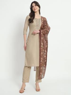 Beige colour embroidery viscose party wear kurta set 1