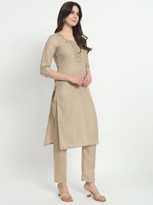 Beige colour embroidery viscose party wear kurta set 3