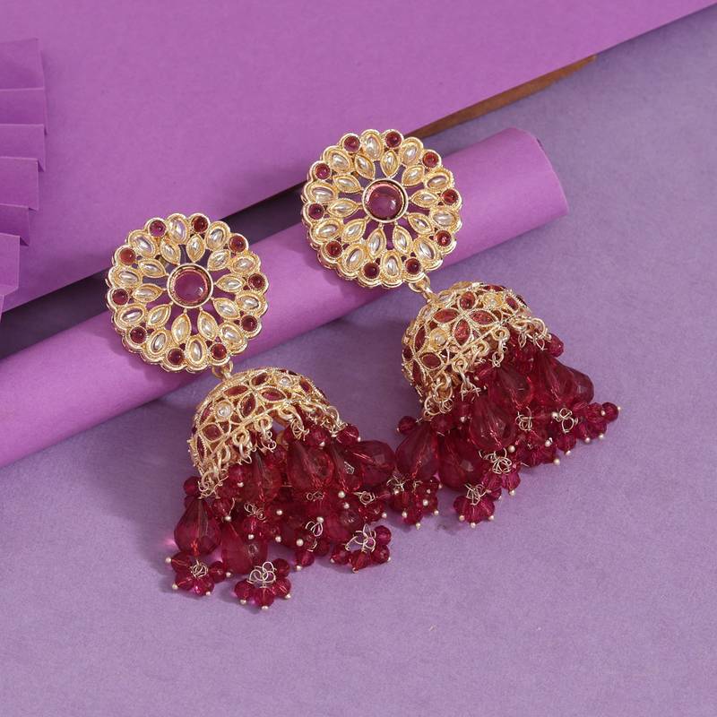 Magenta Pink Big Earrings Magenta Color Big Jhumka Kundan Earrings