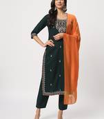 Bottle green colour embroidery viscose party wear kurta set