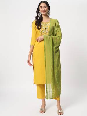 Yellow colour embroidery viscose party wear kurta set 1