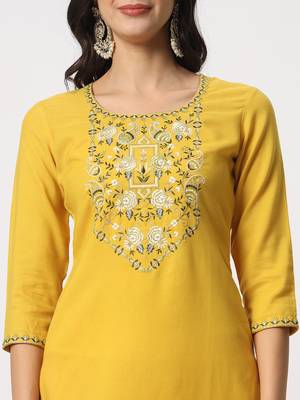 Yellow colour embroidery viscose party wear kurta set 5