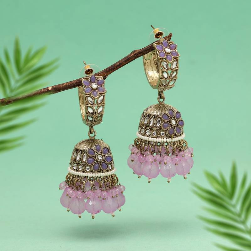 Light purple color big jhumka kundan earrings
