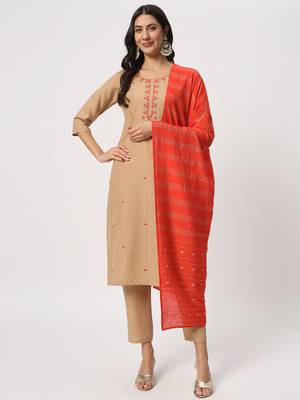 Beige colour embroidery viscose party wear kurta set 1