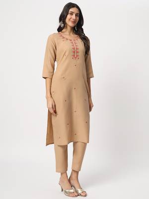 Beige colour embroidery viscose party wear kurta set 3