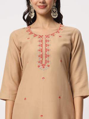 Beige colour embroidery viscose party wear kurta set 5