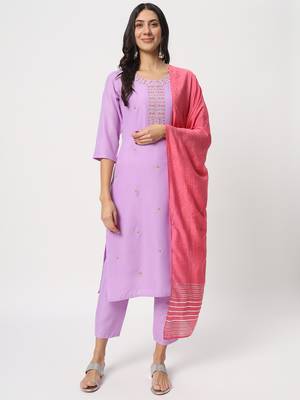 Lavender colour embroidery viscose party wear kurta set 1