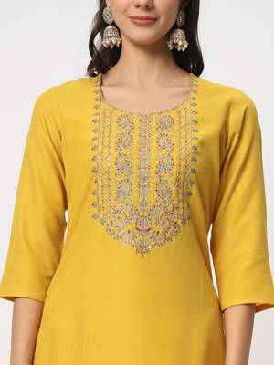 Yellow colour embroidery viscose party wear kurta set 5