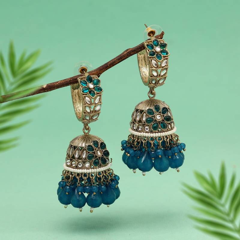 Turquoise blue color big jhumka kundan earrings