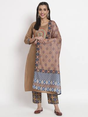 Brown colour printed cotton party wear kurta set 1