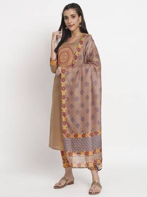 Brown colour printed cotton party wear kurta set 2