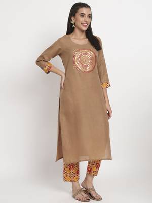 Brown colour printed cotton party wear kurta set 3
