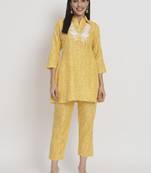 Yellow colour printed cotton party wear kurta set
