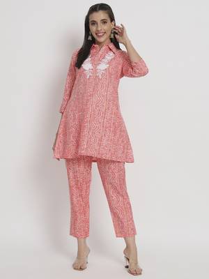 Peach colour printed cotton party wear kurta set 1