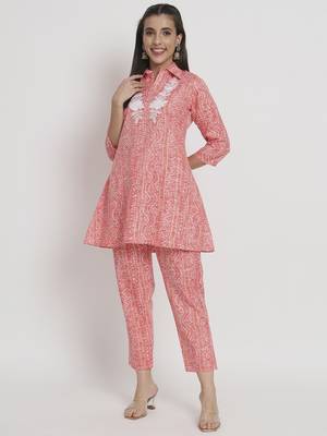 Peach colour printed cotton party wear kurta set 2