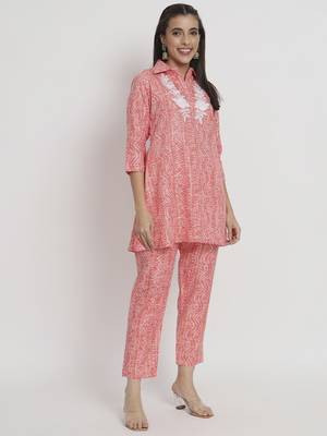 Peach colour printed cotton party wear kurta set 3