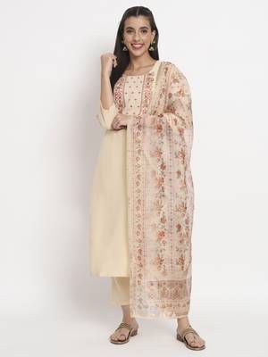 Beige colour embroidery cotton party wear kurta set 1