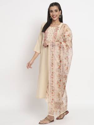 Beige colour embroidery cotton party wear kurta set 2