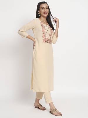 Beige colour embroidery cotton party wear kurta set 3